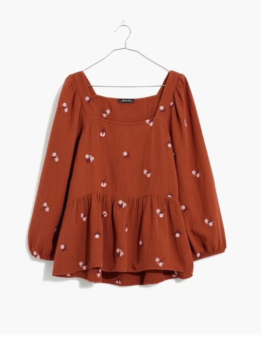 Madewell Amie Floral Embroidered Puff-Sleeve Peplum Top Size XS